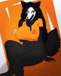 absurd_res anthro artist_logo big_breasts big_butt black_body black_fur black_hair bone bottomless breasts butt clothed clothing female fluffy fluffy_tail fur glowing glowing_eyes hair hi_res humanoid logo mal0 orange_clothing orange_topwear polish_man_aero scp-1471 scp-1471-a scp_foundation shirt shirt_logo skull skull_head skulldog_(species) solo tail thick_thighs tongue tongue_out topwear