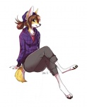 anthro biped clothing female hat headgear headwear looking_at_viewer simple_background sitting solo tail white_background dagger_leonelli canid canine canis domestic_dog mammal