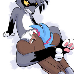 anthro arms_behind bdsm black_nose blue_eyes bondage bound brown_body brown_fur clothing duo fur grey_body grey_fur male red_eyes red_nose sniffing sniffing_clothes underwear underwear_sniffing yellow_sclera respecies trevor-fox_(character) mammal mouse murid murine procyonid raccoon rodent 1:1 hi_res nonbinary_(lore)