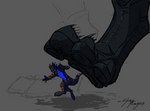 anthro black_body boots chevron_(marking) clothing digitigrade extreme_size_difference feet foot_focus footwear horn imminent_crush imminent_death macro markings micro motion_lines paws scared shoes size_difference tail slimytongues european_mythology mythology silzek ambiguous_species dragon mythological_creature mythological_scalie scalie western_dragon signature