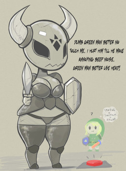 alternate_species breasts cleavage clothed clothing crossgender duo female horn humanoidized knight legwear male melee_weapon not_furry shield shortstack shortstack_female solo_focus sword text thick_thighs thigh_highs warrior weapon wide_hips conditional_dnp daserfomalhaut jewish_mythology mythology nintendo the_legend_of_zelda armos link elemental_creature horned_humanoid humanoid hylian mineral_fauna mythological_creature mythological_golem digital_media_(artwork) english_text hi_res