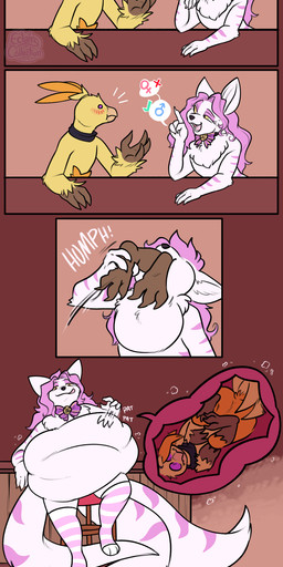 abdominal_bulge almost_fully_inside ambiguous_gender anthro bar_stool blush blush_lines bow_tie check_mark clothing duo femboy fluffy fluffy_chest furniture gender_confusion hair internal legwear licking licking_lips living_tail long_hair male multi_tail neck_bulge neckband neckwear oral_vore organs patting_belly soft_vore stockings stomach stool tail tongue tongue_out transformation unusual_anatomy unusual_tail vore x_symbol eclairscollection nintendo pokemon canid canine combusken fox fox_spirit generation_3_pokemon mammal pokemon_(species) absurd_res comic hi_res