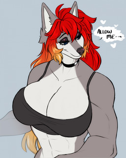 abs anthro biceps big_breasts blonde_hair blue_eyes bra breasts choker cleavage clothed clothing eyelashes eyeshadow female fur glistening glistening_hair glistening_nose grey_body grey_fur grin hair heart_symbol huge_breasts jewelry long_eyelashes long_hair looking_offscreen makeup muscular muscular_female narrowed_eyes necklace red_hair simple_background small_waist smile solo sports_bra text tuft underwear hyperiontrash luka_cross canid canine canis mammal wolf 2024 english_text hi_res