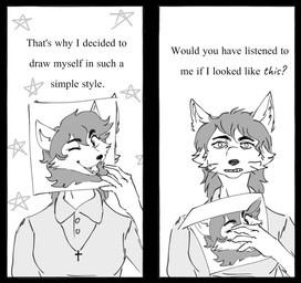 anthro breasts claws clothing collared_shirt cross dress_shirt female hair jewelry necklace paper shirt solo star text topwear whiskers rivka_(artist) rivka_(rivka) comic english_text monochrome