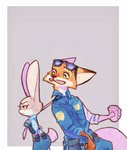 anthro belt border bottomwear clothed clothing container cup duo eyewear female fully_clothed fur grey_background grey_body grey_fur holding_container holding_cup holding_object male necktie open_mouth orange_body orange_fur pants police police_uniform shirt simple_background sunglasses topwear uniform white_border strawberry628_(artist) disney zootopia judy_hopps nick_wilde canid canine fox lagomorph leporid mammal rabbit red_fox true_fox 2020