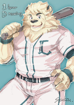 anthro baseball_(sport) baseball_bat baseball_uniform bat_(object) black_nose bottomwear clothing fur humanoid_hands kemono male mascot pants shirt solo sport sportswear topwear uniform white_body white_fur syukouakanaru nippon_professional_baseball saitama_seibu_lions leo_(saitama_seibu_lions) felid lion mammal pantherine 2015