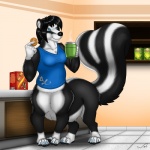 anthro beverage breasts coffee cookie detailed_background female food inside kitchen quadruped solo stripes tail waist_turned nisharu sofia_belk mammal mammal_taur mephitid mephitid_taur skunk skunk_taur striped_skunk taur 1:1 hi_res