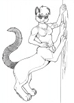 bottomless breasts clothed clothing female fur hair plant scratching shirt solo tail tank_top topwear tree waist_turned wood longtail syz chakat domestic_cat felid felid_taur feline felis mammal mammal_taur taur 2006 black_and_white monochrome herm_(lore)