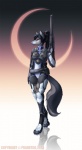 anthro armor blue_nose canid canine canis clothing crescent_moon digitigrade female footwear gun hair handgun hi_res holding_gun holding_object holding_ranged_weapon holding_weapon holster legwear looking_at_viewer mammal moon pistol ponytail pranktail ranged_weapon red_eyes rifle socks solo suit tight_clothing toeless_footwear toeless_socks weapon wolf
