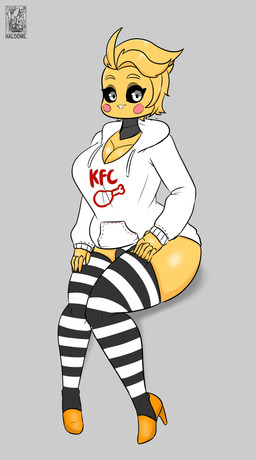 5_fingers anthro anthrofied beakless big_breasts black_sclera breasts cleavage clothed clothing eyebrows female fingers footwear grey_background high_heels hoodie legwear looking_at_viewer machine non-mammal_breasts shoes simple_background smile solo stockings text text_on_clothing text_on_hoodie text_on_topwear topwear white_eyes yellow_body halotroll five_nights_at_freddy's five_nights_at_freddy's_2 kfc scottgames toy_chica_(fnaf) animatronic avian bird chicken galliform phasianid robot 2020 absurd_res english_text hi_res