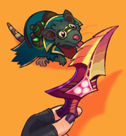 bandage bandaged_tail blade clothing eyewear feral fur goggles green_body green_fur holding_knife holding_object kerchief knife licking licking_knife male orange_background rat_tail simple_background size_difference solo tail tail_wraps tongue wraps kennekydeky league_of_legends riot_games tencent twitch_(lol) mammal murid murine rat rodent 2024 hi_res redraw