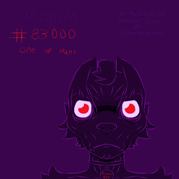 anthro collar creepy emaciated frown fur looking_at_viewer male pupils purple_background purple_body red_pupils shell_shock simple_background solo wide_eyed toiletdestroyer casualties:_unknown canid canine expie_(gunsawian) gunsawian mammal comic signature
