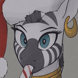 blue_eyes candy candy_cane candy_cane_in_mouth christmas_clothing christmas_headwear clothing dessert ear_piercing eyebrows female feral food fur hat headgear headwear holidays looking_at_viewer neck_ring piercing santa_hat solo striped_body striped_fur stripes stray_prey christmas friendship_is_magic hasbro my_little_pony zecora_(mlp) equid equine mammal zebra 1:1
