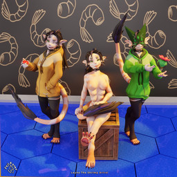 4_toes 6_breasts 6_fingers anthro bell bell_collar black_hair blep breasts clothed clothing collar feet female fingers green_eyes group hair looking_at_viewer mask multi_breast multicolored_body multicolored_hair multicolored_skin nude one_eye_closed pawpads paws pokeball purple_hair sitting standing supernumerary_breasts tail teeth text toes tongue tongue_out trio two_tone_body two_tone_hair two_tone_skin whiskers wink fallkener nintendo pokemon voices_of_the_void leyna_smirnova_adamaris alien ariral eevee felid feline generation_1_pokemon generation_9_pokemon mammal meowscarada pokemon_(species) 1:1 3d_(artwork) absurd_res digital_media_(artwork) hi_res