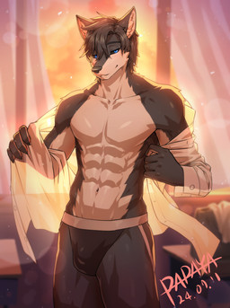 anthro black_bottomwear black_clothing blue_eyes bottomwear clothing fur grey_body grey_fur grey_hair hair inner_ear_fluff looking_at_viewer male messy_hair muscular muscular_male narrowed_eyes navel short_hair solo standing tuft white_body white_fur white_inner_ear_fluff papayafurry canid mammal 2024 dated hi_res portrait signature three-quarter_portrait