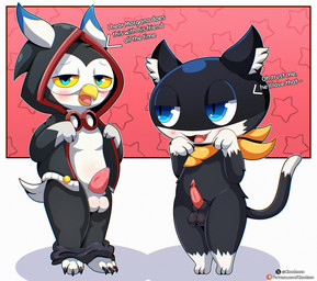 animal_genitalia animal_penis anthro balls beak big_head black_body black_feathers black_fur blue_eyes blush bodily_fluids clothed clothing cute_fangs dialogue duo erection fangs feathers feline_genitalia feline_penis front_view fur genital_fluids genitals hood hoodie inner_ear_fluff kerchief kerchief_only looking_at_viewer male mask mostly_nude neckerchief neckerchief_only neckwear open_clothing partially_clothed penis precum sheath shortstack shortstack_male standing sweat sweatdrop teeth text toony topwear tuft underwear underwear_down white_body white_feathers white_fur yellow_beak yellow_sclera cloudeon atlus megami_tensei persona_(series) persona_5 sega lufel morgana_(persona) avian bird domestic_cat felid feline felis mammal owl tuxedo_cat absurd_res english_text hi_res
