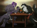 abs alcohol anthro arm_wrestling balls barefoot beverage biceps big_muscles black_balls black_body claws clenched_teeth clothed clothing distracted duo feet genitals male male/male muscular muscular_male nipples obliques pecs penis purple_body standing tail teeth toe_claws topless torn_clothing triceps underwear vein veiny_penis white_balls wfa barzillai york_(yerkelayh) cetacean dolphin mammal marine oceanic_dolphin orca toothed_whale compression_artifacts