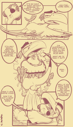 animal_genitalia avian_butt balls bodily_fluids cloaca cloacal cloacal_penetration cuddling dialogue duo feathers feral genitals hug licking male male/male nest penetration penis raised_tail reluctant saliva semi-anthro tail tail_anus tail_feathers text tongue zaau disney the_lion_king timon zazu_(the_lion_king) avian herpestid mammal meerkat rodent absurd_res comic english_text hi_res