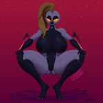 3_toes 5_fingers abstract_background anthro arm_feathers bangs beak big_breasts black_beak black_body black_countershading black_scutes breasts countershading crouching featureless_crotch feet female fingers glowing glowing_eyes huge_breasts looking_at_viewer multicolored_body nipples non-mammal_breasts scuted_arms scuted_legs scutes side_cut simple_background solo swept_bangs thick_thighs tiptoes toes two_tone_body white_body argentvasimr aster_sinclair 1:1 absurd_res hi_res