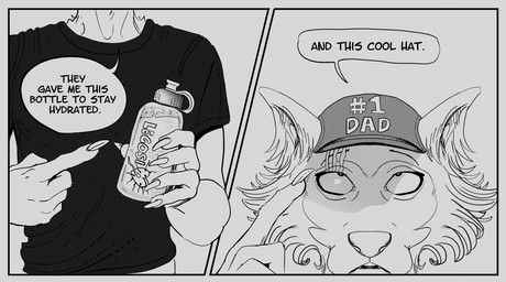 anthro baseball_cap border bottle claws clothed clothing container dialogue front_view fur furgonomics gesture grey_border hand_gesture hat headgear headwear holding_bottle holding_container holding_object humor male number pointing scar shirt solo t-shirt talking_to_viewer text text_on_clothing text_on_hat text_on_headwear topwear water_bottle smagma beastars legoshi_(beastars) canid canine canis mammal wolf 2021 comic english_text hi_res monochrome multiple_scenes