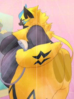 4_fingers anthro bathing belly big_belly big_breasts big_butt biped breasts butt female fingers huge_belly huge_breasts huge_butt huge_hips huge_thighs hyper hyper_belly hyper_breasts hyper_butt hyper_hips hyper_thighs looking_back obese obese_anthro obese_female overweight overweight_anthro overweight_female rear_view shower showering simple_background solo thick_thighs wide_hips nameroutabeta nintendo pokemon generation_7_pokemon legendary_pokemon pokemon_(species) zeraora 2024 3:4 digital_media_(artwork) hi_res