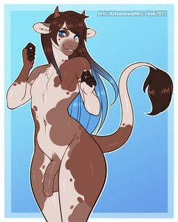 animal_genitalia animal_penis anthro blue_background blue_eyes blue_hair border brown_body brown_fur brown_hair curvy_figure equine_genitalia equine_penis femboy flaccid fur genitals gradient_background gradient_hair hair horn hourglass_figure long_hair looking_at_viewer male navel penis simple_background small_waist solo standing tail tail_tuft tan_body tan_fur tuft white_border kitsunewaffles-chan titus_(weebie_jeebies) bovid bovine cattle mammal 2022 4:5 dated digital_media_(artwork) portrait shaded three-quarter_portrait