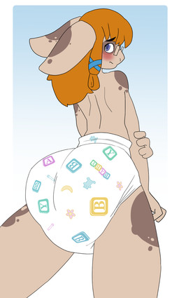 ambiguous_gender ambiguous_humanoid big_diaper blue_eyes blush brown_body clothed clothing diaper eyewear glasses glistening glistening_eyes hair long_hair looking_at_viewer mouth_closed orange_hair pattern_diaper rear_view simple_background solo wearing_diaper white_diaper hardscales bambino_diapers guild_wars magister_jezza asura humanoid species_request hi_res