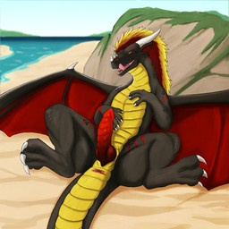 animal_genitalia anus beach claws erection feral genital_slit genitals horn knot knotted_penis looking_at_viewer male membrane_(anatomy) membranous_wings nude open_snile penis reclining solo spread_legs spreading wings tallion mythology dragon mythological_creature mythological_scalie scalie 1:1 hi_res