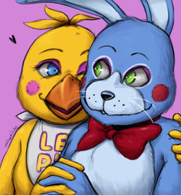 4_fingers anthro arm_around_shoulders beak bib_only black_nose blue_body blue_fur bow_tie bow_tie_only breasts buckteeth cheek_spots closed_smile duo eye_contact eyelashes feathers female female_anthro fingers fur hand_holding heart_symbol interspecies light long_ears looking_at_another love male male/female male_anthro mostly_nude mostly_nude_anthro mostly_nude_male mouth_closed multicolored_body multicolored_fur non-mammal_breasts one_eye_closed open_beak open_mouth open_smile orange_beak purple_background purple_eyelids simple_background small_breasts smile teeth text text_on_bib thin_eyebrows two_tone_body two_tone_fur whisker_spots whiskers white_bib yellow_body yellow_feathers foxtragic five_nights_at_freddy's five_nights_at_freddy's_2 scottgames toy_bonnie_(fnaf) toy_chica_(fnaf) avian bird chicken galliform lagomorph leporid mammal phasianid rabbit 2015 artist_name colored digital_drawing_(artwork) digital_media_(artwork) english_description lighting shaded