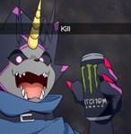 anthro belt beverage black_body black_sclera black_skin blue_cape blue_clothing cape claws clothed clothing fangs holding_beverage holding_object horn looking_at_viewer male open_mouth open_smile pink_pupils pupils red_claws sharp_teeth simple_background smile soda solo teeth text zackampz bandai_namco digimon digimon_ghost_game kill_(meme) monster_energy digimon_(species) gulusgammamon 2022 digital_media_(artwork) english_text hi_res icon meme