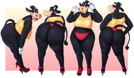 anthro bedroom_eyes bent_over big_butt breasts butt clothing female footwear hands_on_hips hands_on_knees hands_on_legs hands_on_own_hips high_heeled_sandals high_heels looking_at_viewer multiple_poses narrowed_eyes nipple_outline overweight pose rear_view sandals seductive shirt shoes side_view smile solo tank_top thick_thighs thong topwear underwear wide_hips boolishclara disney clarabelle_cow bovid bovine cattle mammal absurd_res hi_res pinup