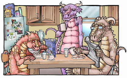 appliance beverage blender_(machine) border bread breakfast cabinet cereal coffee container cup empty_eyes eyewear food fridge furniture glasses group holding_container holding_cup holding_object horn kitchen kitchen_appliance magnet male milk newspaper runes simple_background singing sugar table tail white_background white_border window o_abnormal mythology bovid bovine cattle dragon human mammal mythological_creature mythological_scalie scalie