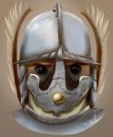 armor black_eyes brown_body brown_fur clothing feathers fur headgear helmet male military simple_background soldier solo warrior white_body white_feathers winged_hussar shaza_(artist) mammal mustelid musteline stoat true_musteline weasel headshot_portrait low_res portrait