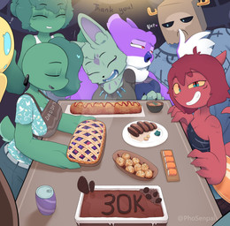ambiguous_gender annoyed anthro apron beef beverage_can big_breasts biped bottomwear bread breasts cake cleavage clothed clothing curvy_figure denim denim_bottomwear denim_clothing dessert eyes_closed female follower_celebration food group half-closed_eyes happy heart_pupils heart_symbol horn jeans long_tail male meat multicolored_eyes muscular muscular_anthro muscular_male narrowed_eyes open_mouth pants paper_bag_mask pastry pie ruff small_breasts small_tail smile smiling_at_viewer steak steam tail tongue tongue_out topwear tube_top two_tone_eyes phosenpai kobi_(phosenpai) pholi avian bird canid canine fox hybrid lagomorph leporid mammal owl rabbit scalie unknown_species 2025 hi_res mother_(lore) parent_(lore) sibling_(lore) sister_(lore)