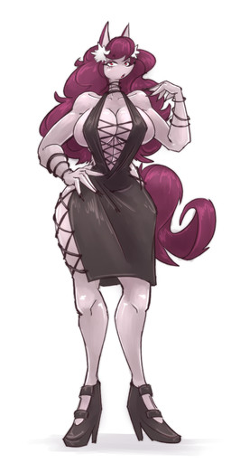 anthro big_breasts black_clothing black_dress black_nails bracelet breasts classy clothed clothing colored_nails curvy_figure dress evening_gown eyelashes female footwear front_view hair hand_on_hip high_heels hourglass_figure inner_boob jewelry lidded_eyes long_hair long_nails midriff nails open_mouth red_eyes red_hair red_tail shoes side_boob skimpy skimpy_dress solo tail wide_hips mokkoyu betty_(mokkoyu) canid canine canis mammal wolf 2026 absurd_res digital_drawing_(artwork) digital_media_(artwork) full-length_portrait hi_res portrait