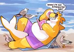 anthro beach beach_chair biped bodily_fluids book eyewear eyewear_on_head feral group male overweight overweight_anthro overweight_male pool_toy reading reading_book sea solo sunglasses sunglasses_on_head sweat sweatdrop text water squidinu avian bird cetacean dolphin gull lari larid living_pool_toy mammal marine oceanic_dolphin orca toothed_whale english_text hi_res