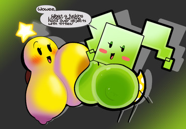 areola big_areola big_breasts big_nipples blush blush_lines breasts brown_areola brown_nipples clothed clothed_female clothing duo exposed_breasts female footwear green_areola green_body green_hair green_nipples green_skin hair huge_areola huge_breasts huge_nipples nipples shoes simple_face star text yellow_body yellow_skin twixbartrix mario_and_luigi_(series) mario_bros nintendo paper_mario mimi_(paper_mario) starlow humanoid star_sprite waddling_head english_text hi_res