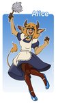 2020 3_fingers alice_lovage anthro apron blonde_hair bovid bovine cattle cleaning_tool clothing dress feather_duster female fingers hair holding_object horn kdhynamo legwear maid_uniform mammal on_one_leg open_mouth pantyhose simple_background smile solo standing uniform