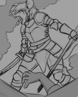 angry anthro armor belt bottomwear braided_hair braided_pigtails clothed clothing female fur gloves glowing glowing_eyes hair handwear holding_object holding_weapon melee_weapon open_mouth pigtails plate_armor rat_tail red_eyes simple_background smoke solo standing sword tail teeth topwear weapon nateday akna_(bahumot) mammal murid murine rat rodent 2018 4:5 digital_media_(artwork) hi_res monochrome