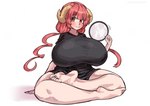 5_fingers 5_toes big_breasts breasts clothing curved_horn feet female fingers hair horn huge_breasts long_hair long_shirt magnifying_glass pink_hair red_eyes shirt short_stack sitting solo thick_thighs toes topwear lemonbizate miss_kobayashi's_dragon_maid mythology ilulu animal_humanoid dragon dragon_humanoid horned_humanoid humanoid mythological_creature mythological_scalie scalie absurd_res hi_res