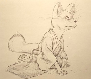 anthro asian_clothing biped bodily_fluids claws clothed clothed_anthro clothed_male clothing crying dipstick_tail east_asian_clothing finger_claws frown haneri japanese_clothing kimono kneeling male male_anthro markings pawpads sad simple_background snout solo tail tail_markings teardrop tears toe_claws whiskers young young_anthro young_male konkontei canid canine fox mammal hatching_(art) hi_res monochrome shaded traditional_media_(artwork)