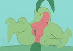 absurd_res anthro anus balls butt feet generation_3_pokemon genitals green_body grovyle hand_on_butt hi_res humanoid_genitalia humanoid_penis leaf leaf_hair leaf_tail looking_at_viewer male nintendo owlietomes penis plant plant_hair pokemon pokemon_(species) pseudo_hair red_body semi-anthro simple_background smile solo tail vigmarr