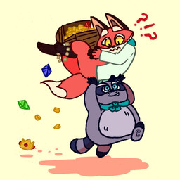 anthro blush carrying_another duo interrobang jewelry male money thief treasure shapeshiftinterest cartoon_network mao_mao:_heroes_of_pure_heart reggie_(mao_mao) rufus_(mao_mao) canid canine fox mammal procyonid raccoon 1:1 hi_res