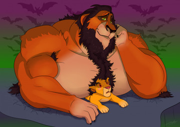 anthro armpit_hair big_muscles black_hair body_hair chest_hair duo fur hair huge_muscles macro macro_male male muscular orange_body orange_fur pecs size_difference smothering yellow_body yellow_fur young jabuhusky disney the_lion_king scar_(the_lion_king) simba_(the_lion_king) felid lion mammal pantherine nephew_(lore) uncle_(lore) uncle_and_nephew_(lore)