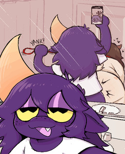 anthro bathroom big_horn bottomless butt cellphone clothed clothing collar curtains door duo electronics fangs faucet freckles hair horn looking_at_viewer male male/male mirror mirror_reflection open_mouth phone photo purple_body reflection selfie sex sharp_teeth shirt shirt_only sink smartphone smile t-shirt tail teeth tongue topwear topwear_only yank yellow_sclera zlut385 nahte_(zlut385) tee_(t3rrorc0n) bovid caprine goat mammal colored digital_drawing_(artwork) digital_media_(artwork)