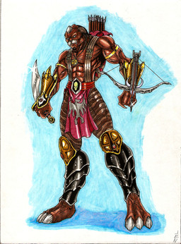 abs anthro arbalist armor arrow_(weapon) belt bone bottomwear bow_(weapon) clothing crossbow dagger gauntlets gloves handwear holding_object holding_weapon horn jewelry knife loincloth male melee_weapon muscular muscular_anthro muscular_male necklace pecs quiver_(object) ranged_weapon reverse_grip skull solo vambrace vambrace_(weapon) warrior weapon wrist_crossbow wrist_weapon blackcoatl small_soldiers_(movie) archer_(small_soldiers) alien felid mammal trigonian hi_res