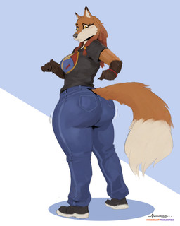 anthro big_breasts big_butt bottom_heavy bottomwear breasts butt clothed clothing curvy_figure denim denim_bottomwear denim_clothing emanata female fully_clothed huge_butt huge_thighs implied_weight_gain jeans looking_at_self looking_back pants pear-shaped_figure rear_view simple_background solo tail thick_thighs tight_clothing wide_hips mainlinemojo fallout microsoft rachel_moore_(mainlinemojo) vault_boy canid canine canis fox hybrid mammal wolf 2025 hi_res