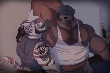 abs anthro anthro_on_anthro armpit_fetish armpit_hair armpit_sniffing beard bodily_fluids body_hair brown_body clothing duo facial_hair hat headgear headwear larger_male licking male male/male muscular muscular_anthro muscular_male nipples pecs shirt size_difference smaller_male sniffing sweat sweatdrop tank_top tattoo tongue tongue_out topwear trucker trucker_hat flufflecraft bear felid mammal pantherine tiger cel_shading shaded