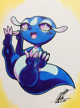 ambiguous_gender anthro blue_body blush blush_lines eyelashes featureless_crotch looking_at_viewer open_mouth purple_eyes simple_background solo tail tongue 025aki nintendo pokemon pokemon_winds_and_waves gecqua generation_10_pokemon lizard pokemon_(species) reptile scalie 2026 absurd_res dated hi_res signature