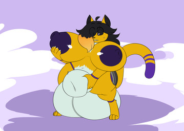 animal_genitalia anthro balls big_balls big_breasts big_sheath black_hair bodily_fluids breasts digitigrade dipstick_tail front_view genitals gynomorph hair hand_on_breast huge_balls huge_breasts huge_sheath hyper hyper_balls hyper_genitalia hyper_sheath implied_transformation intersex looking_down markings nipples nude sheath smoke solo standing surprised sweat sweatdrop tail tail_markings yellow_body robertge domestic_cat felid feline felis mammal 2025 digital_drawing_(artwork) digital_media_(artwork)